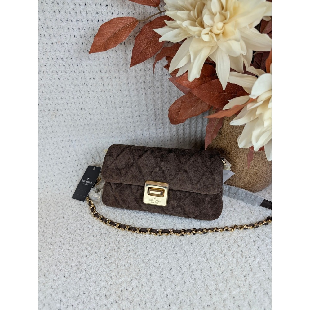 Kate Spade Carey Quilted Suede Flap Crossbody Bag Hot Fudge Brown Gold Turnlock